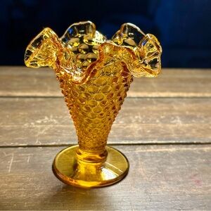 Vintage Fenton Colonial Amber Gold Hobnail Bud Vase 4" Glass Fluted Top MCM